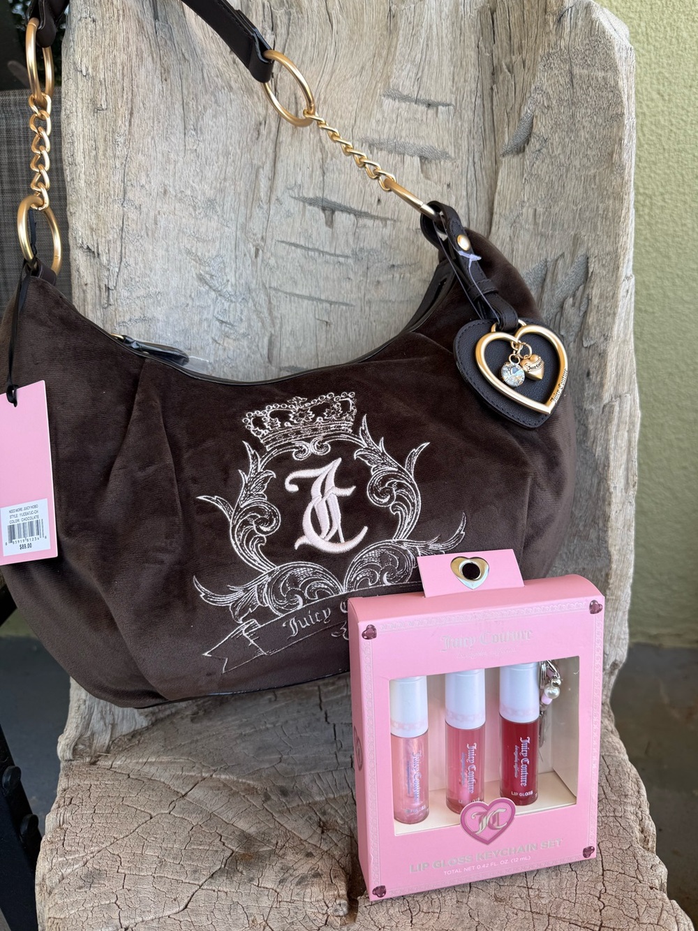 JUICY COUTURE NEED MORE JUICY HOBO CHOCOLATE W PINK Big Heart Charm FREE GIFT🌸